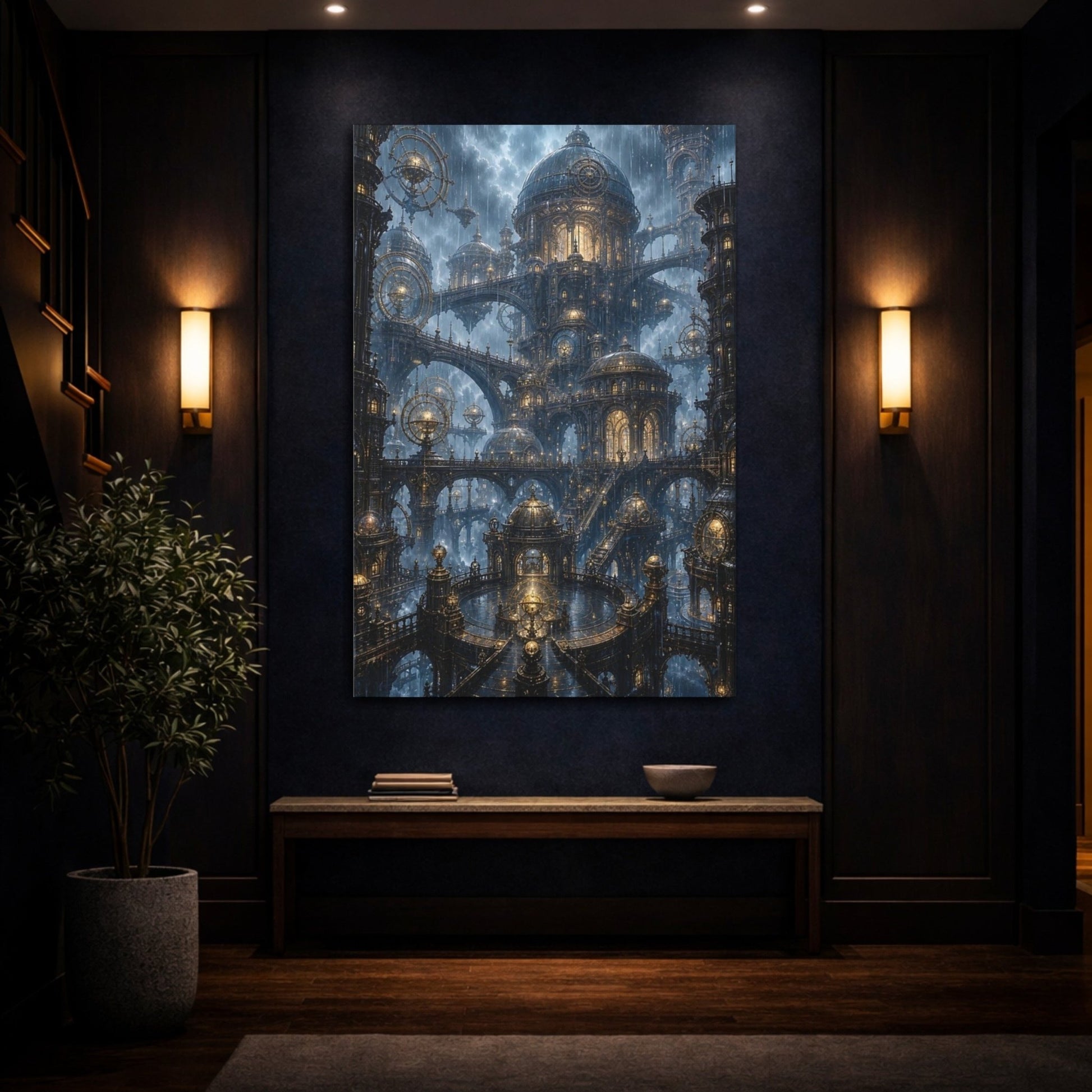 Science Fiction Steampunk City Blue And Canvas Wall Art Print – Living Room, Above Couch - YesArtYes