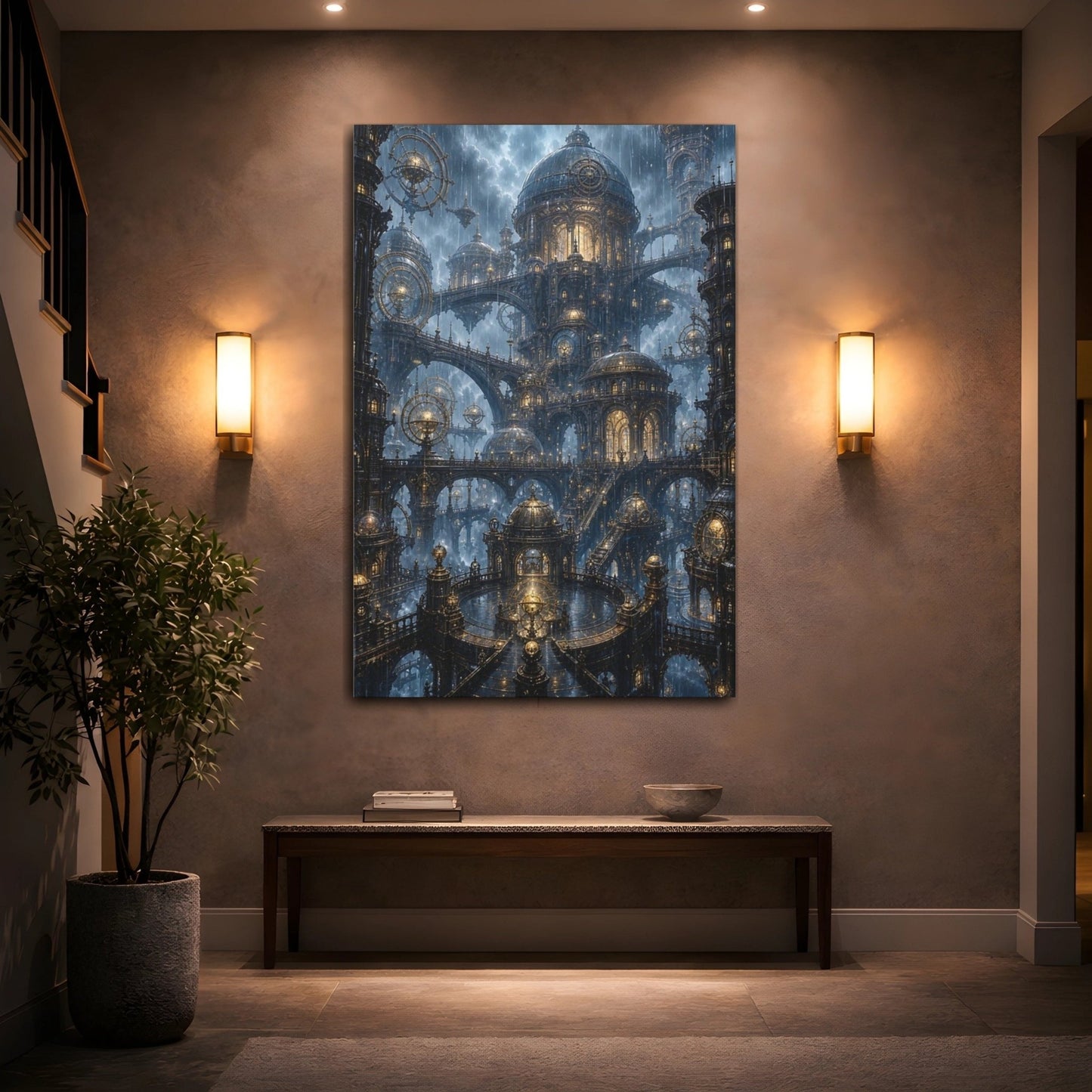 Science Fiction Steampunk City Blue And Canvas Wall Art Print – Living Room, Above Couch - YesArtYes