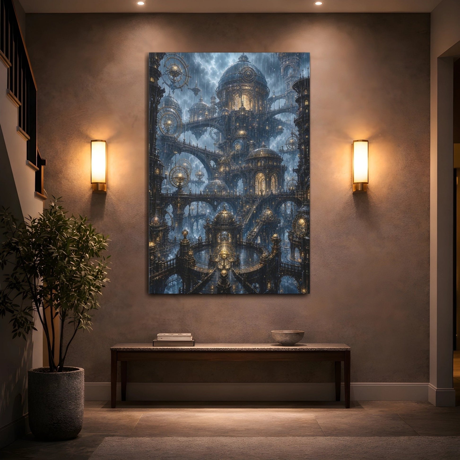 Science Fiction Steampunk City Blue And Canvas Wall Art Print – Living Room, Above Couch - YesArtYes