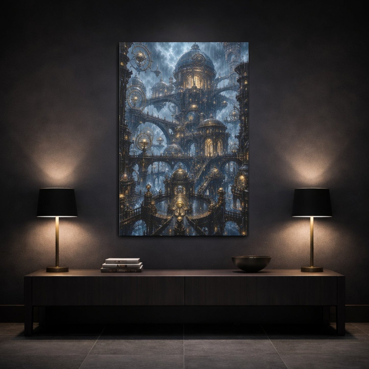 Science Fiction Steampunk City Blue And Canvas Wall Art Print – Living Room, Above Couch - YesArtYes