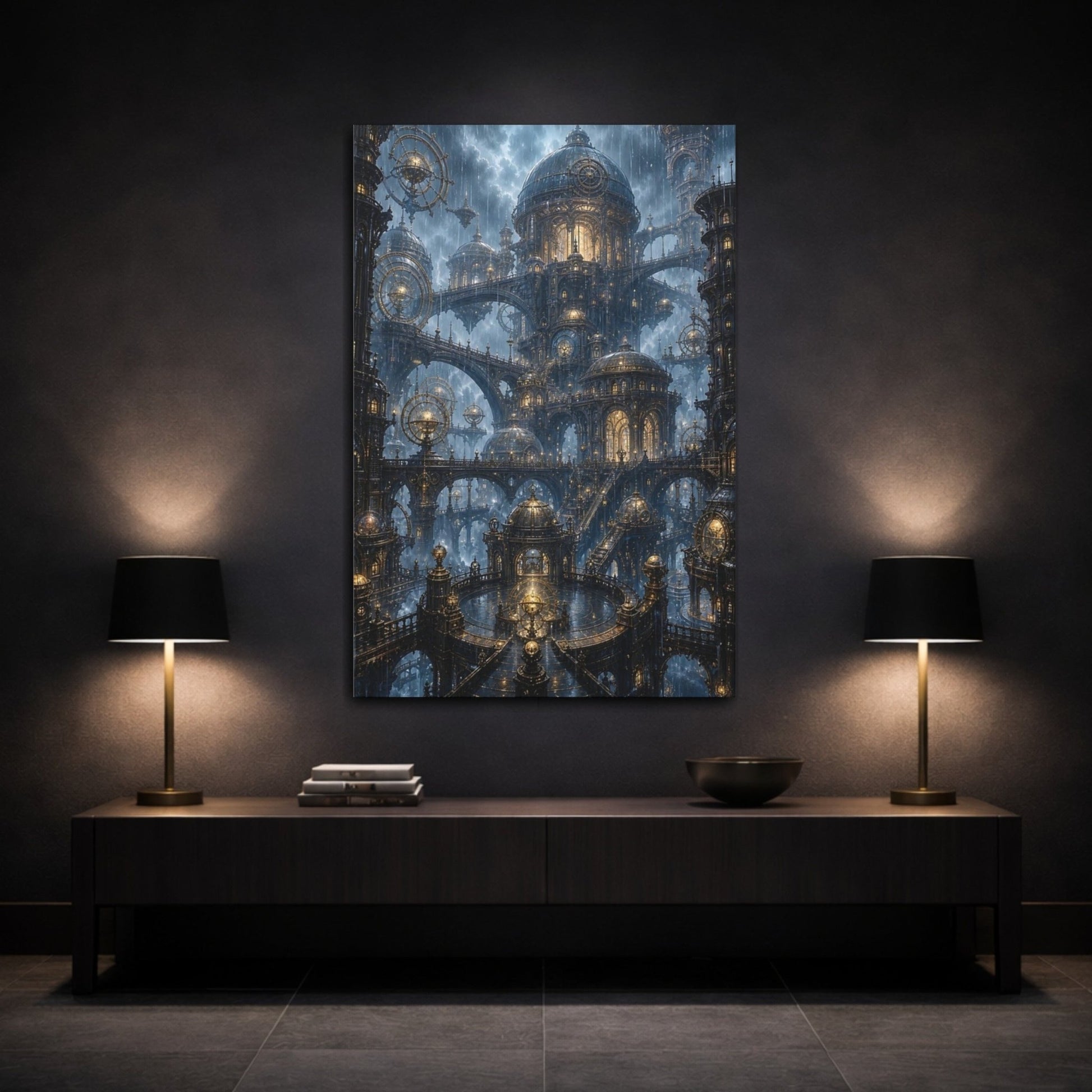 Science Fiction Steampunk City Blue And Canvas Wall Art Print – Living Room, Above Couch - YesArtYes