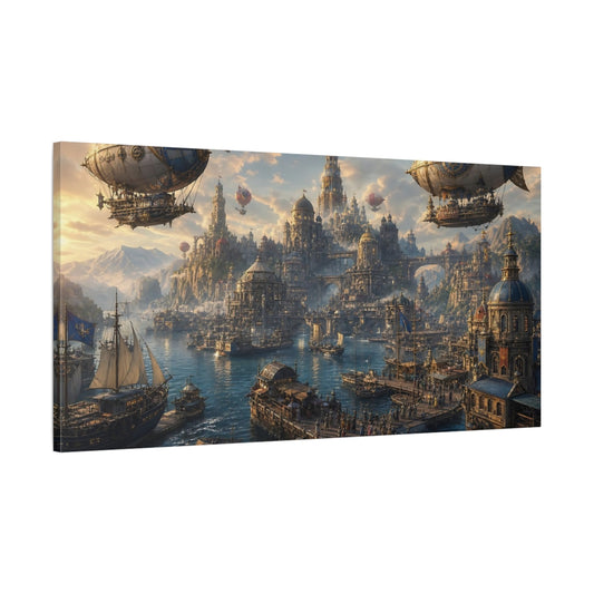 Main Mockup. Science Fiction Steampunk City Blue And Gold Cityscape shown as stretched canvas wall art