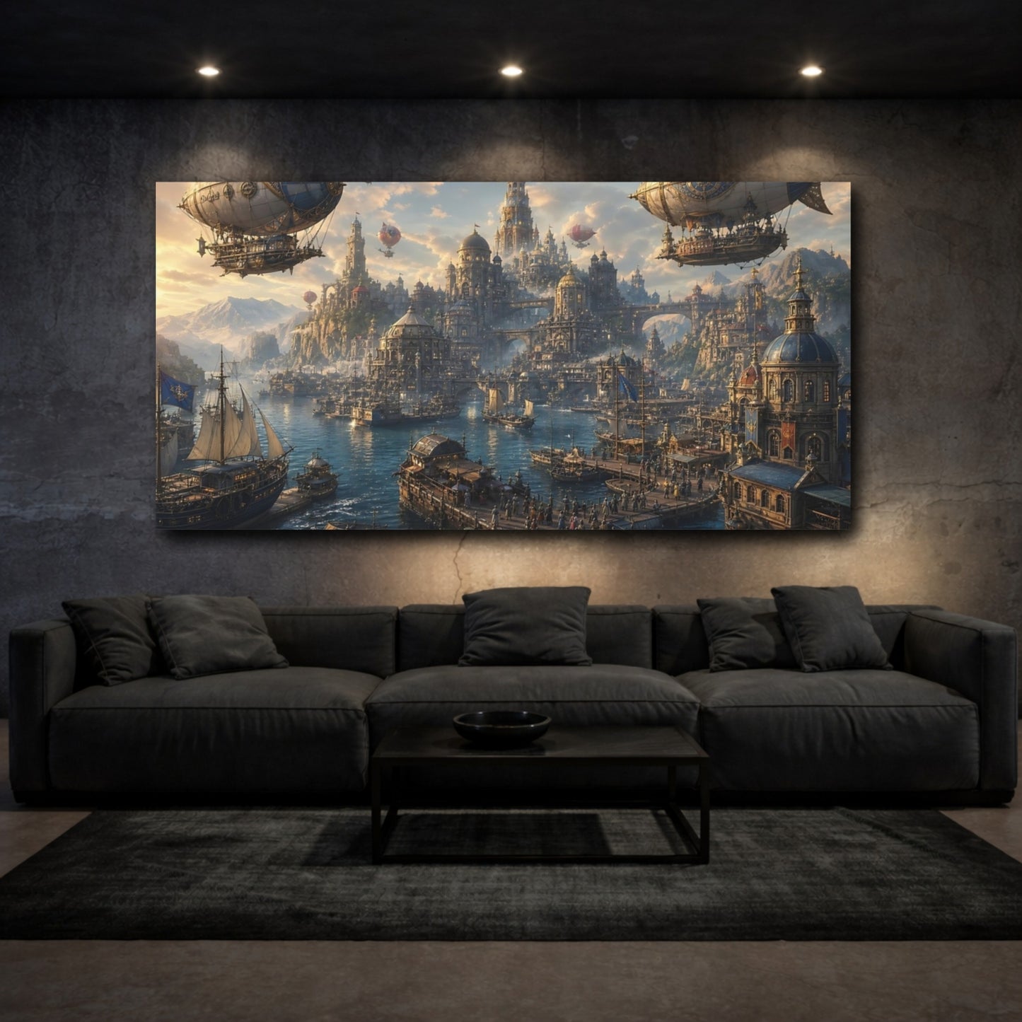 Mockup 2. Science Fiction Steampunk City Blue And Gold Cityscape shown as stretched canvas wall art