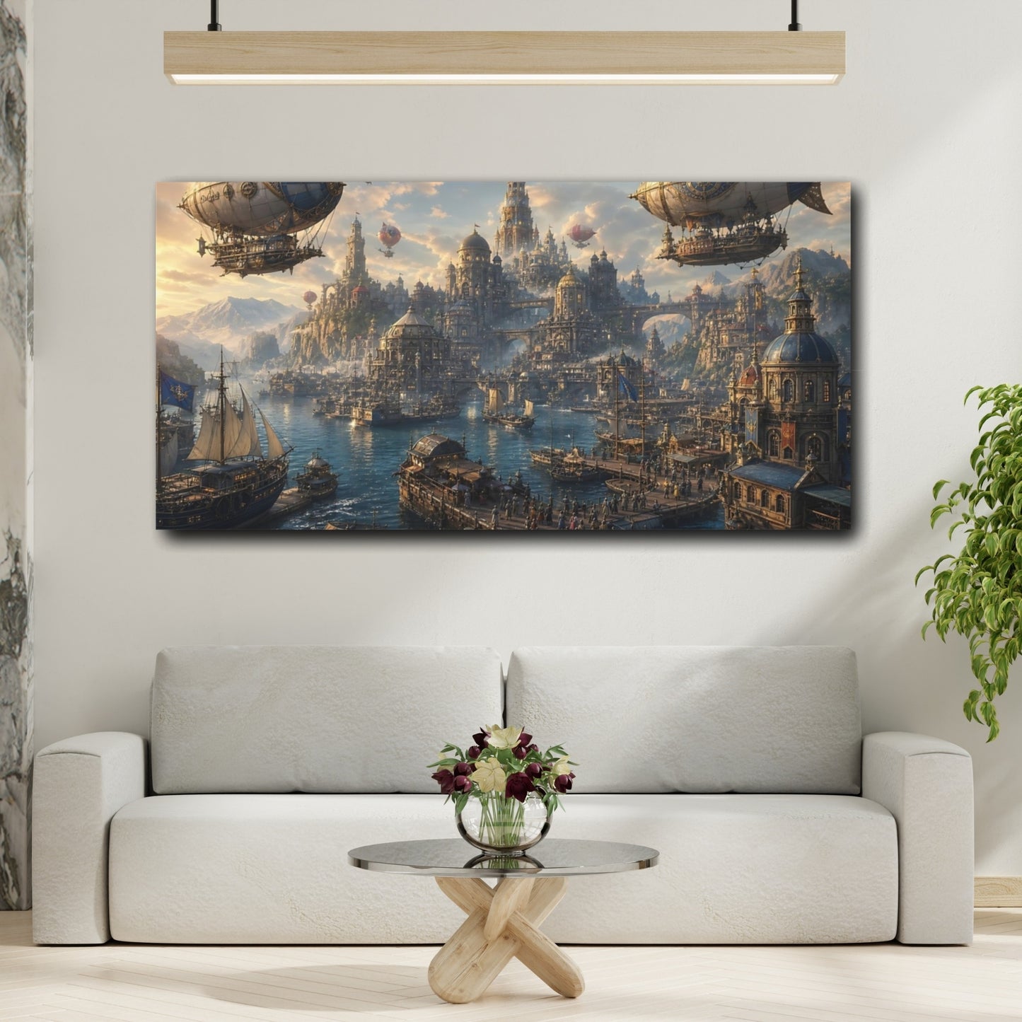 Mockup 3. Science Fiction Steampunk City Blue And Gold Cityscape shown as stretched canvas wall art