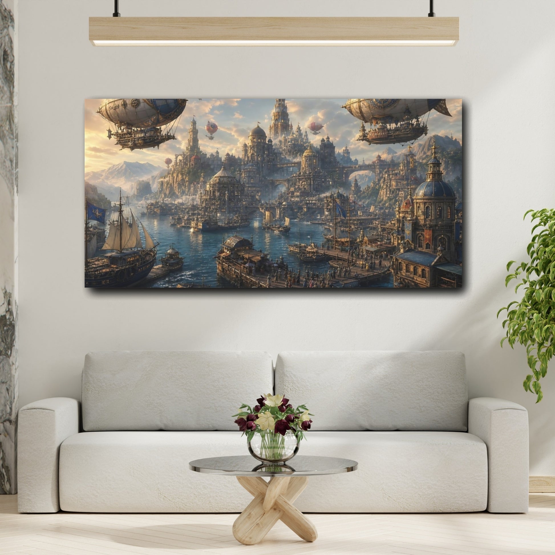 Mockup 3. Science Fiction Steampunk City Blue And Gold Cityscape shown as stretched canvas wall art