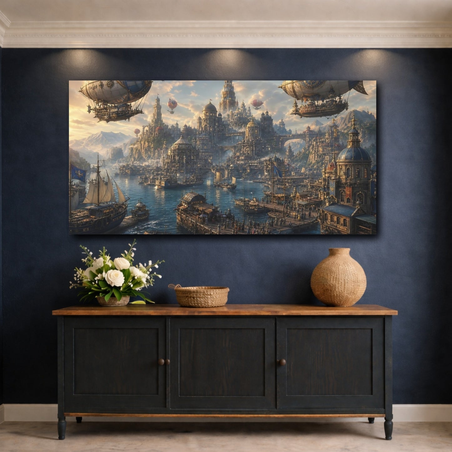 Mockup 4. Science Fiction Steampunk City Blue And Gold Cityscape shown as stretched canvas wall art