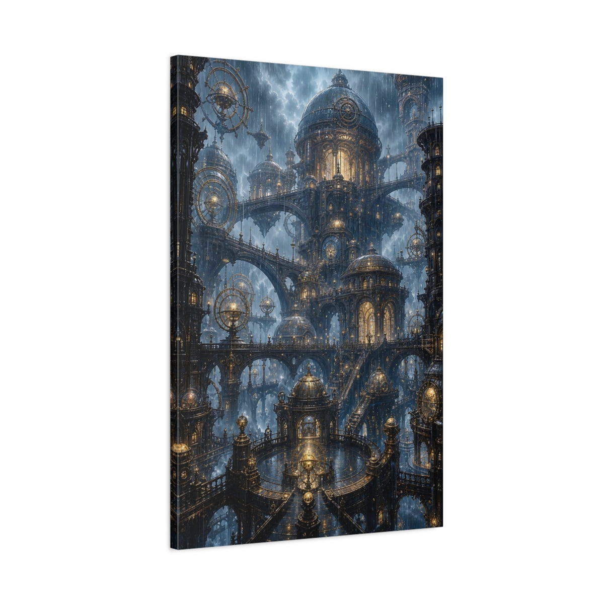 Main Mockup. Science Fiction Steampunk City Blue And Gold Steampunk shown as stretched canvas wall art
