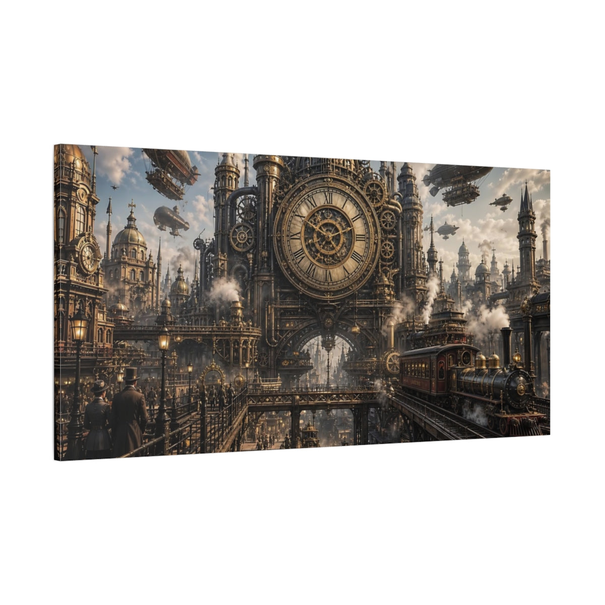 Side Mockup 2. Science Fiction Steampunk City Bronze And Gold shown as stretched canvas wall art
