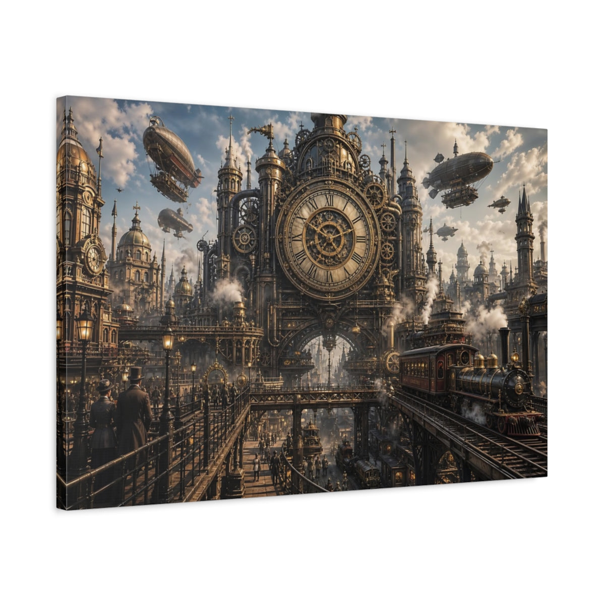 Side Mockup 2. Science Fiction Steampunk City Bronze And Gold City shown as stretched canvas wall art