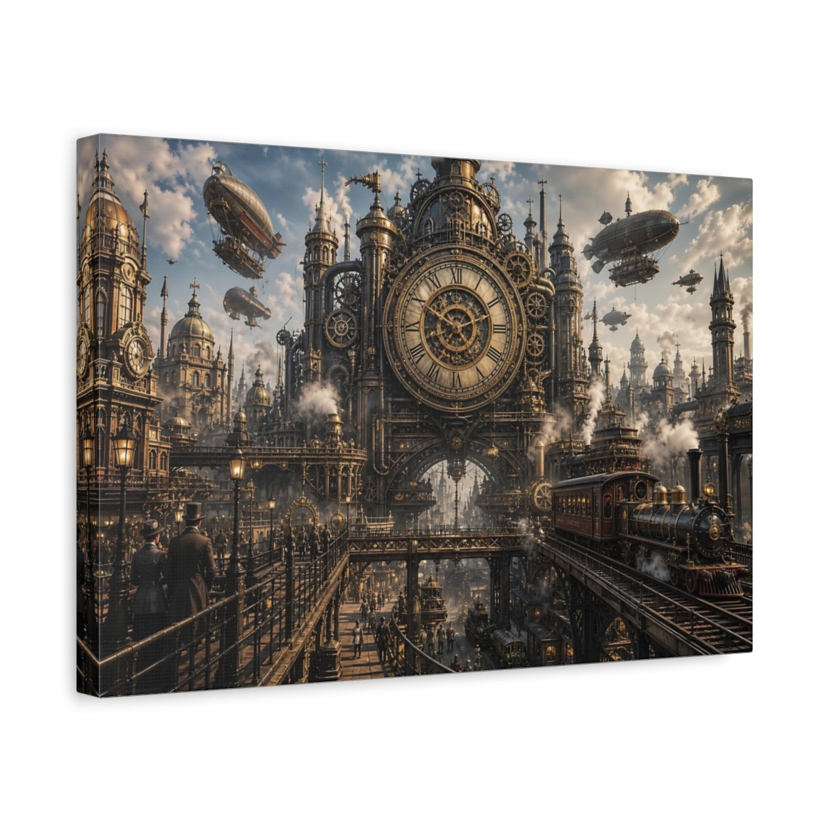 Side Mockup 4. Science Fiction Steampunk City Bronze And Gold City shown as stretched canvas wall art