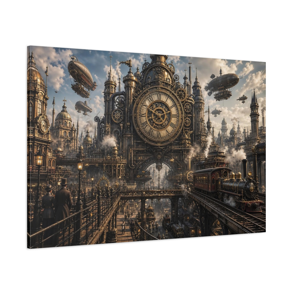 Side Mockup 1. Science Fiction Steampunk City Bronze And Gold City shown as stretched canvas wall art