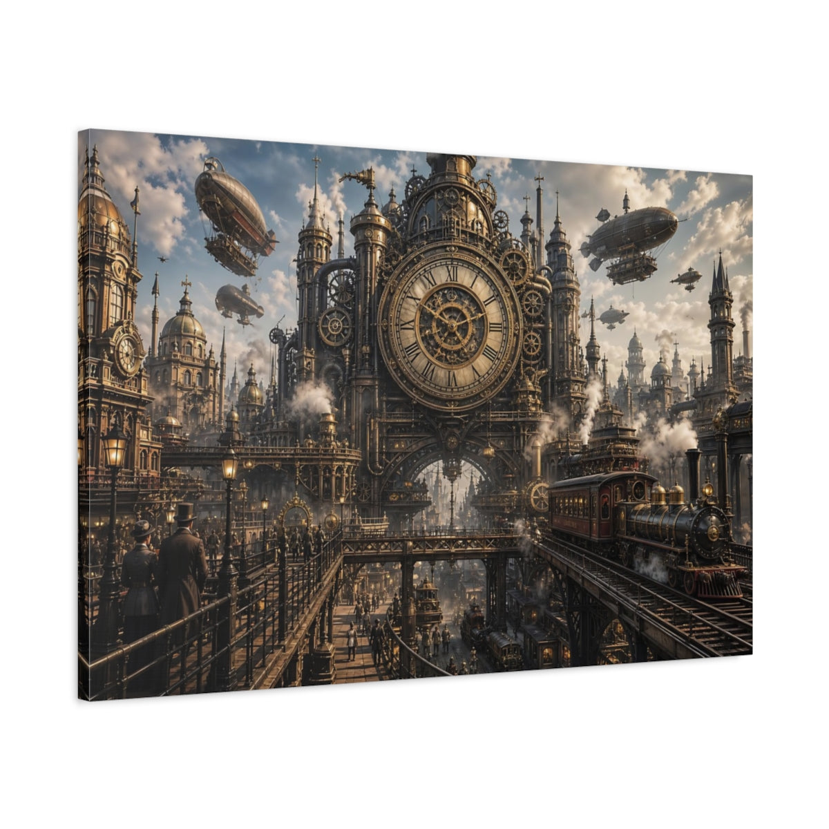 Main Mockup. Science Fiction Steampunk City Bronze And Gold City shown as stretched canvas wall art