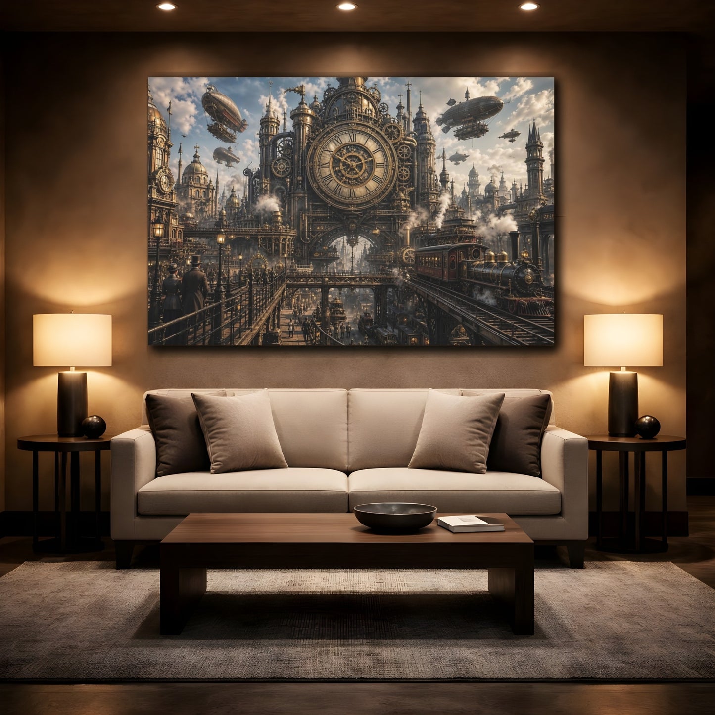 Mockup 2. Science Fiction Steampunk City Bronze And Gold City shown as stretched canvas wall art