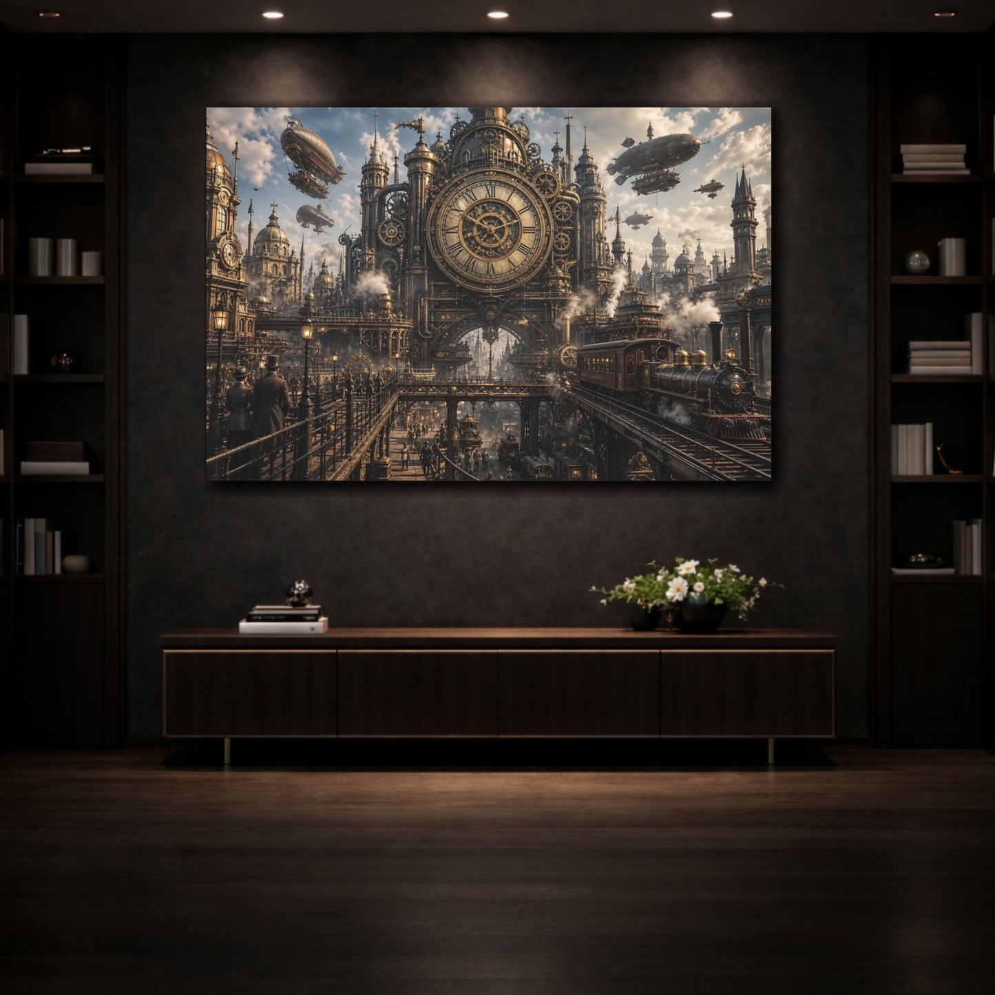 Mockup 3. Science Fiction Steampunk City Bronze And Gold City shown as stretched canvas wall art