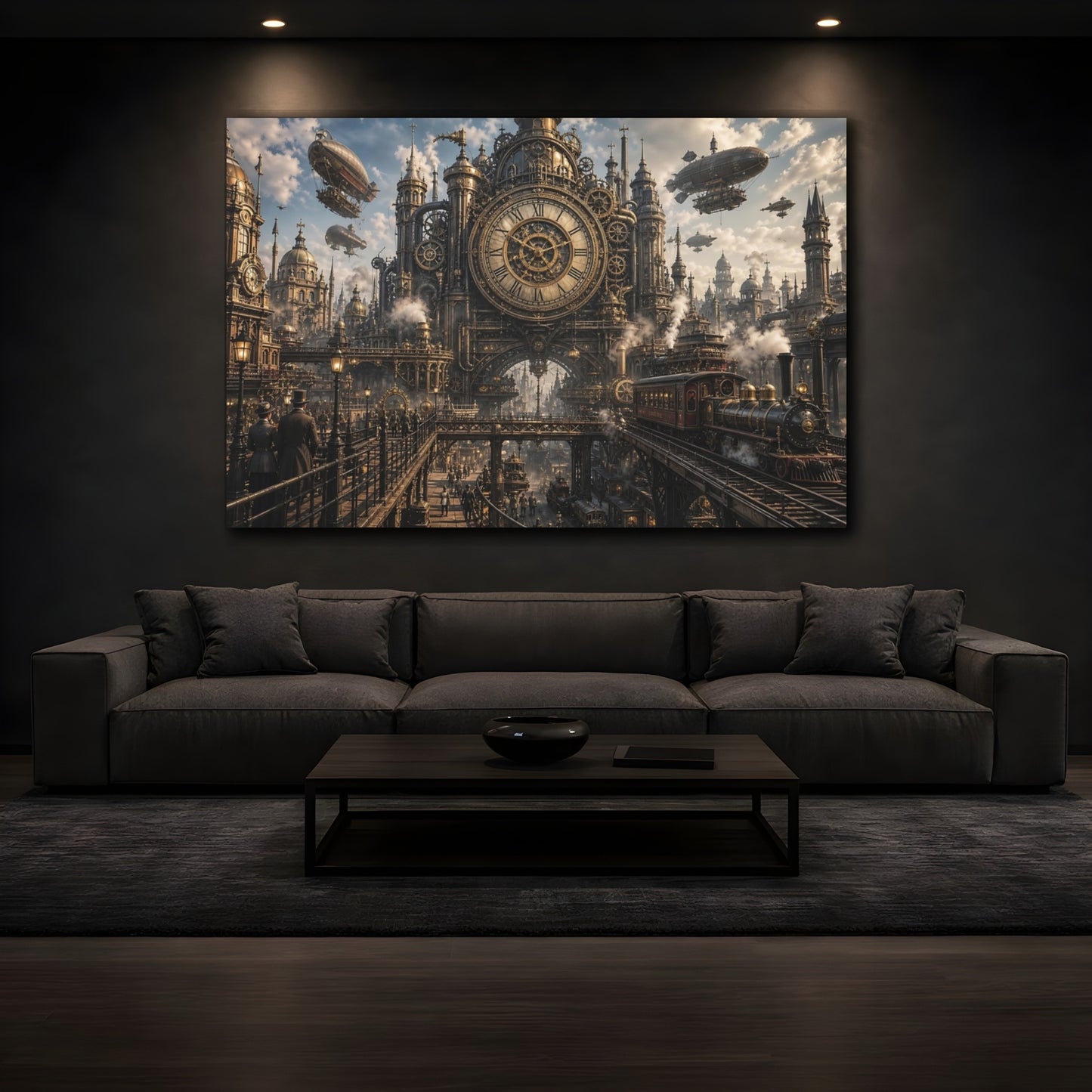 Mockup 4. Science Fiction Steampunk City Bronze And Gold City shown as stretched canvas wall art