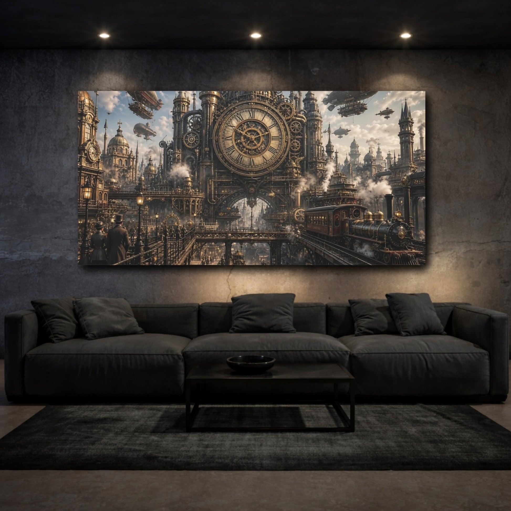 Mockup 2. Science Fiction Steampunk City Bronze And Gold shown as stretched canvas wall art