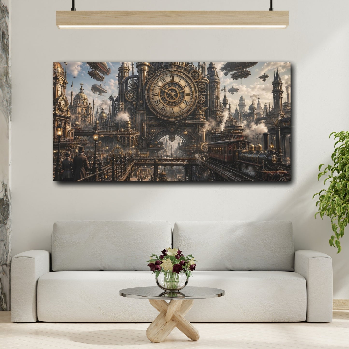 Mockup 3. Science Fiction Steampunk City Bronze And Gold shown as stretched canvas wall art