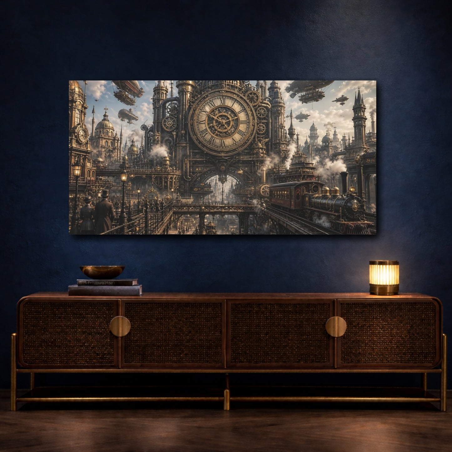 Mockup 4. Science Fiction Steampunk City Bronze And Gold shown as stretched canvas wall art