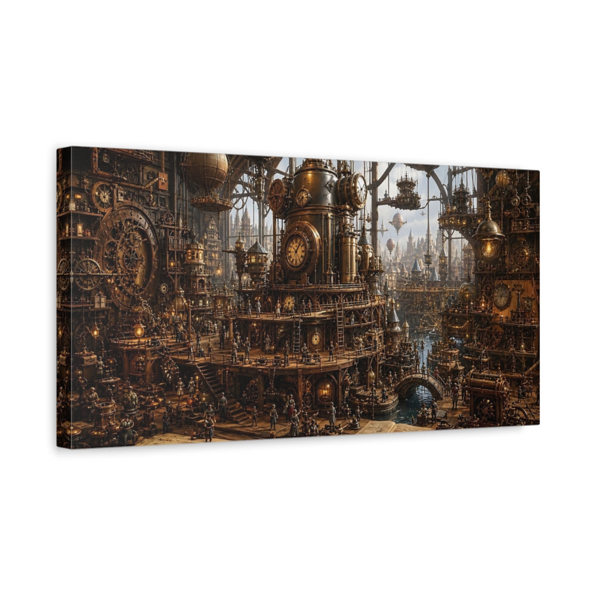 Side Mockup 3. Science Fiction Steampunk City Bronze Steampunk City shown as stretched canvas wall art