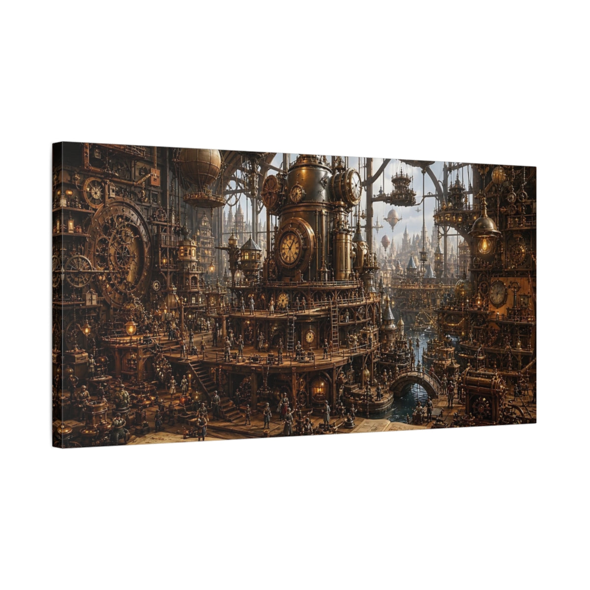 Side Mockup 1. Science Fiction Steampunk City Bronze Steampunk City shown as stretched canvas wall art