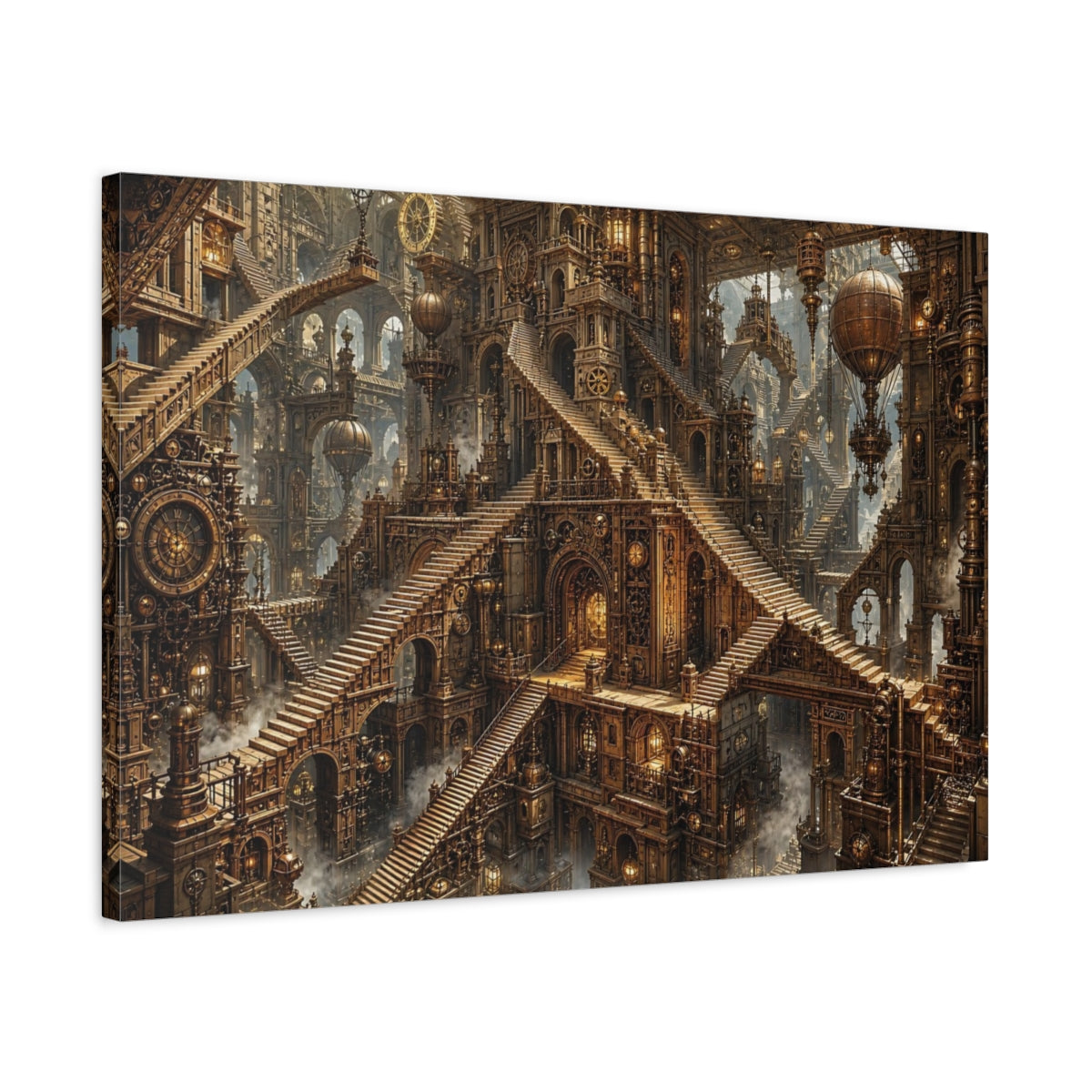 Side Mockup 2. Science Fiction Steampunk City Bronze Steampunk shown as stretched canvas wall art
