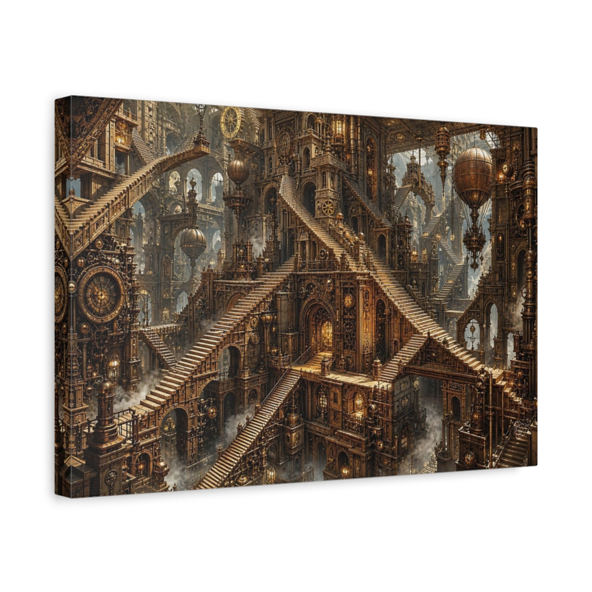 Side Mockup 4. Science Fiction Steampunk City Bronze Steampunk shown as stretched canvas wall art