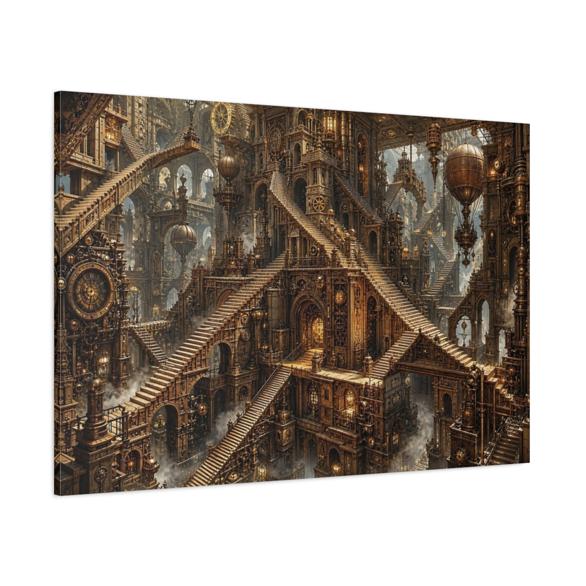 Side Mockup 1. Science Fiction Steampunk City Bronze Steampunk shown as stretched canvas wall art