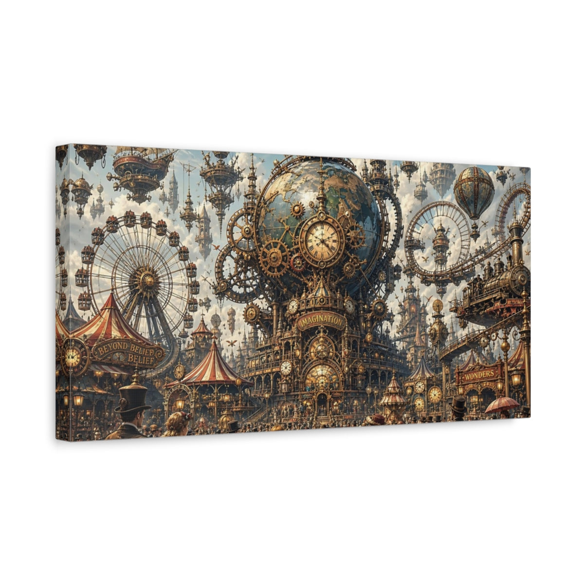 Side Mockup 3. Science Fiction Steampunk City Bronze Steampunk City shown as stretched canvas wall art