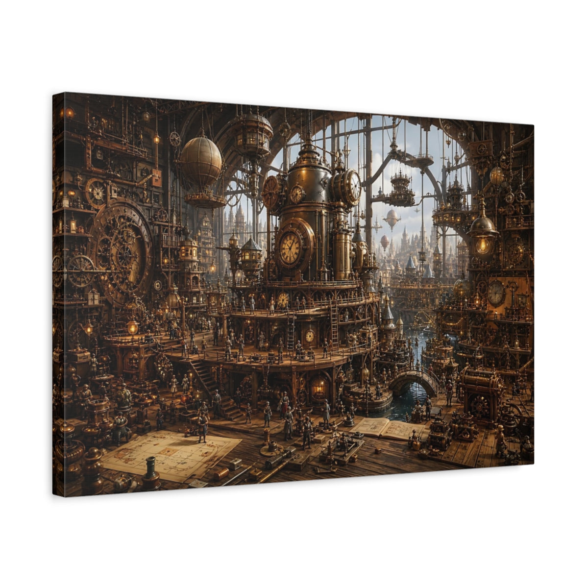 Side Mockup 3. Science Fiction Steampunk City Bronze Steampunk shown as stretched canvas wall art