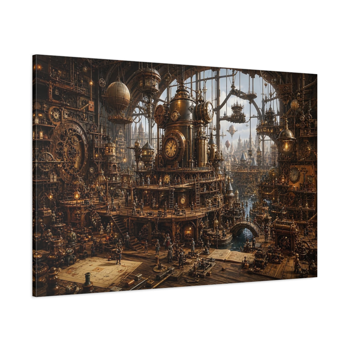 Side Mockup 1. Science Fiction Steampunk City Bronze Steampunk shown as stretched canvas wall art