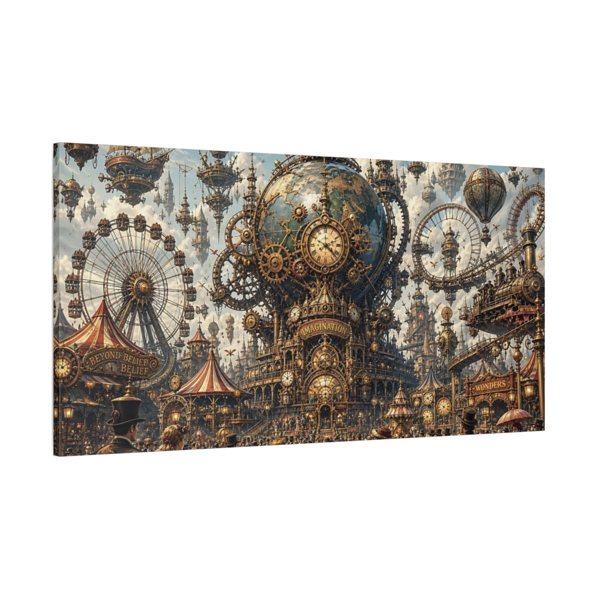 Side Mockup 2. Science Fiction Steampunk City Bronze Steampunk City shown as stretched canvas wall art