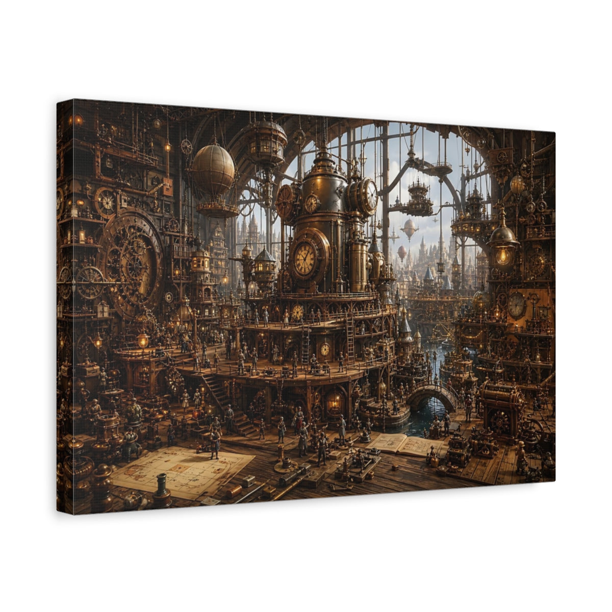 Side Mockup 4. Science Fiction Steampunk City Bronze Steampunk shown as stretched canvas wall art