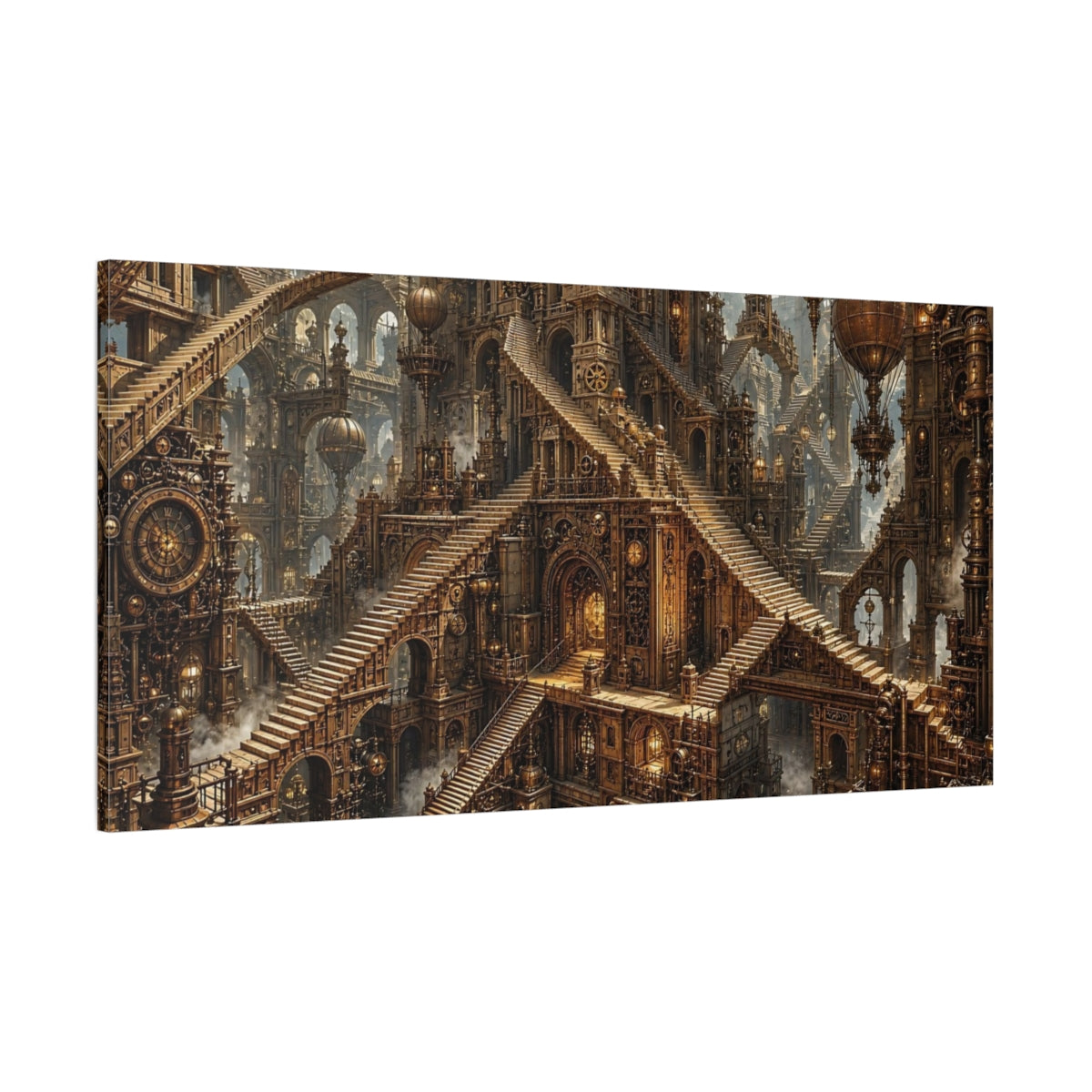 Side Mockup 2. Science Fiction Steampunk City Bronze Steampunk shown as stretched canvas wall art