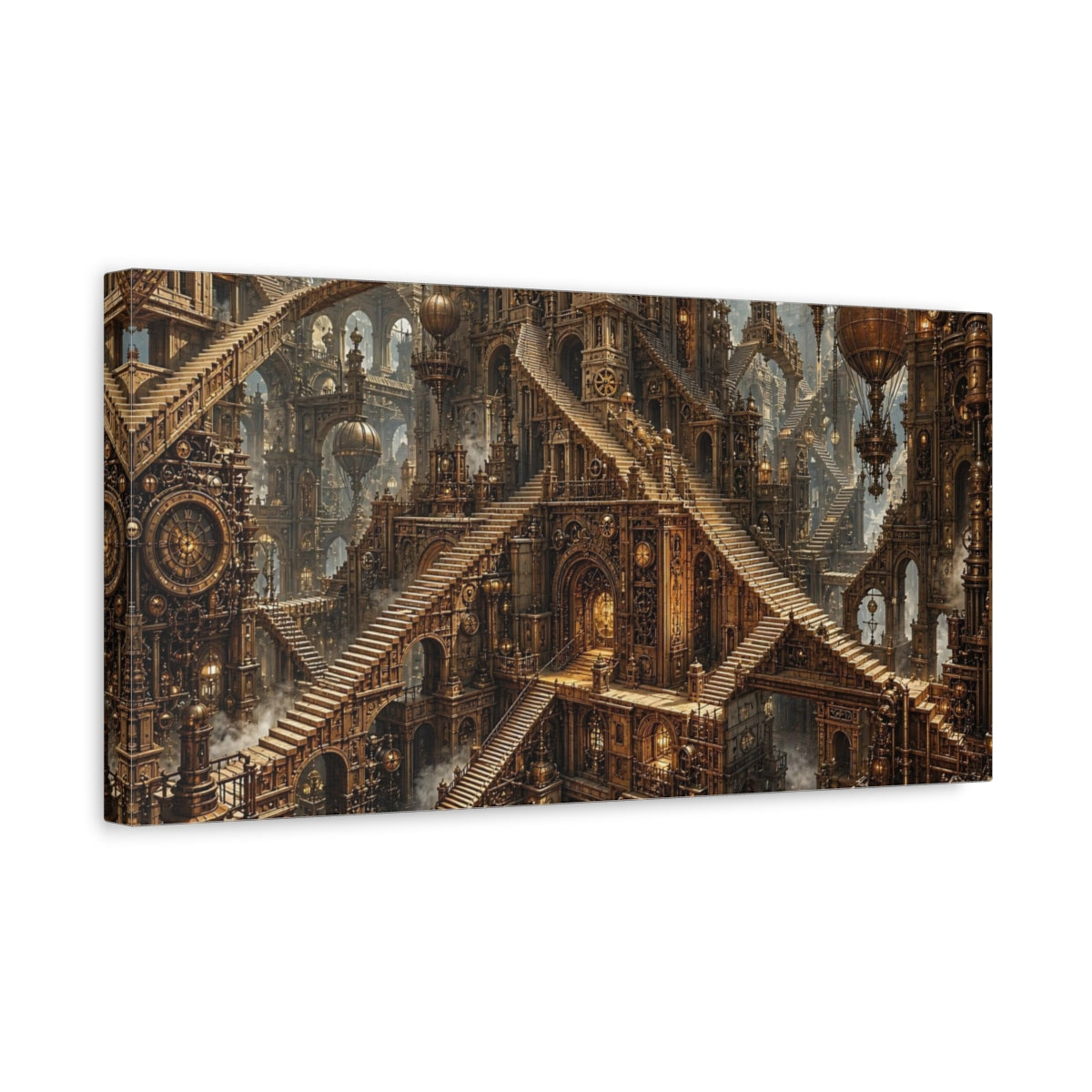 Side Mockup 3. Science Fiction Steampunk City Bronze Steampunk shown as stretched canvas wall art