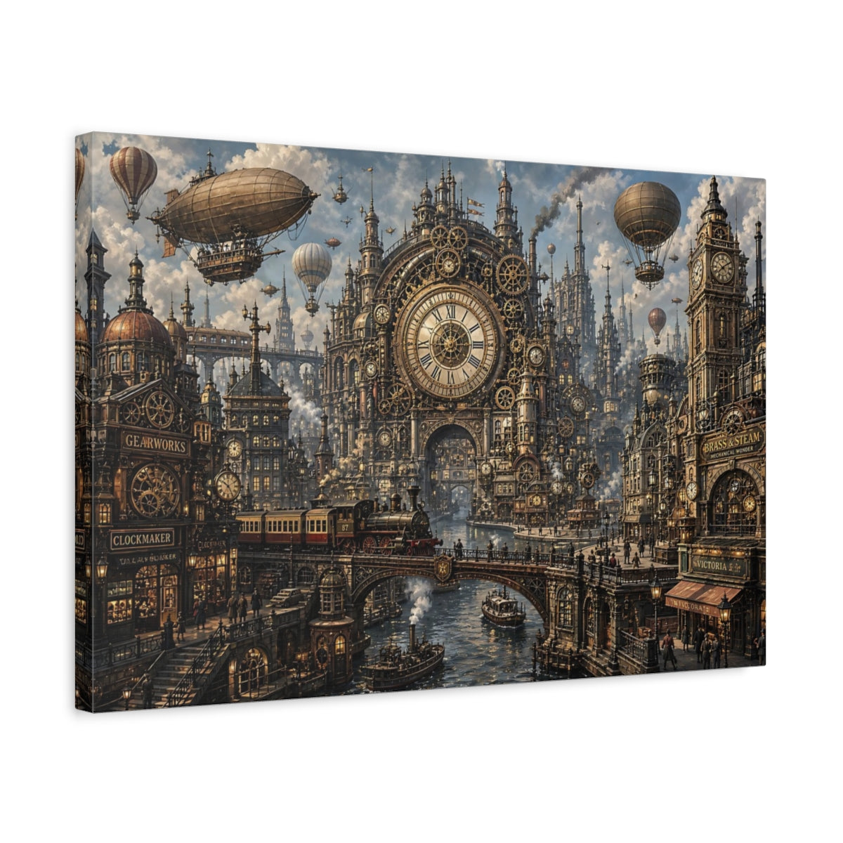 Side Mockup 3. Science Fiction Steampunk City Bronze Steampunk shown as stretched canvas wall art