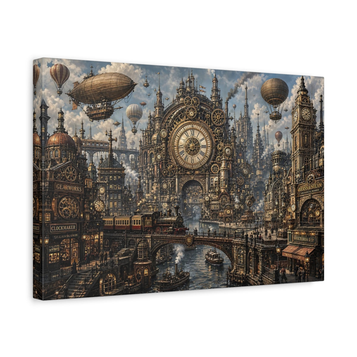 Side Mockup 4. Science Fiction Steampunk City Bronze Steampunk shown as stretched canvas wall art