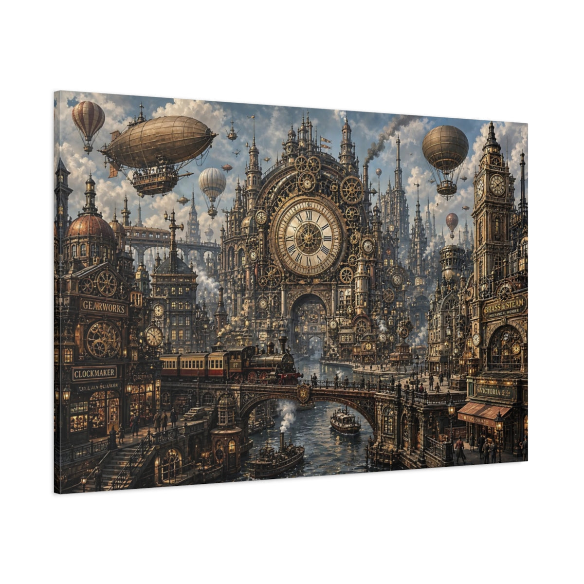 Side Mockup 1. Science Fiction Steampunk City Bronze Steampunk shown as stretched canvas wall art