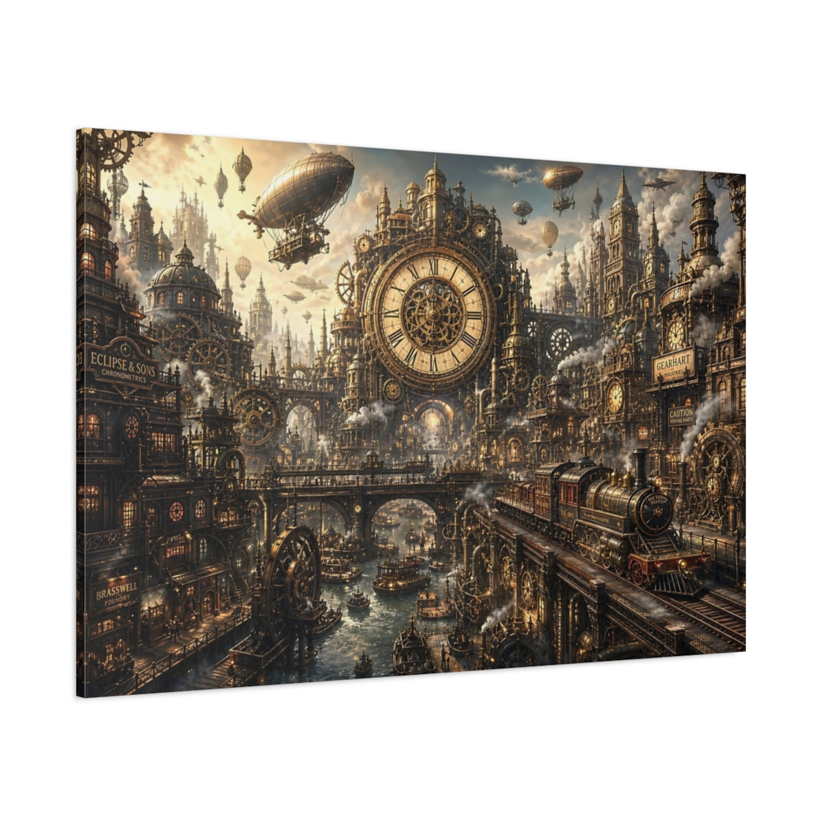 Side Mockup 1. Science Fiction Steampunk City Bronze Steampunk shown as stretched canvas wall art