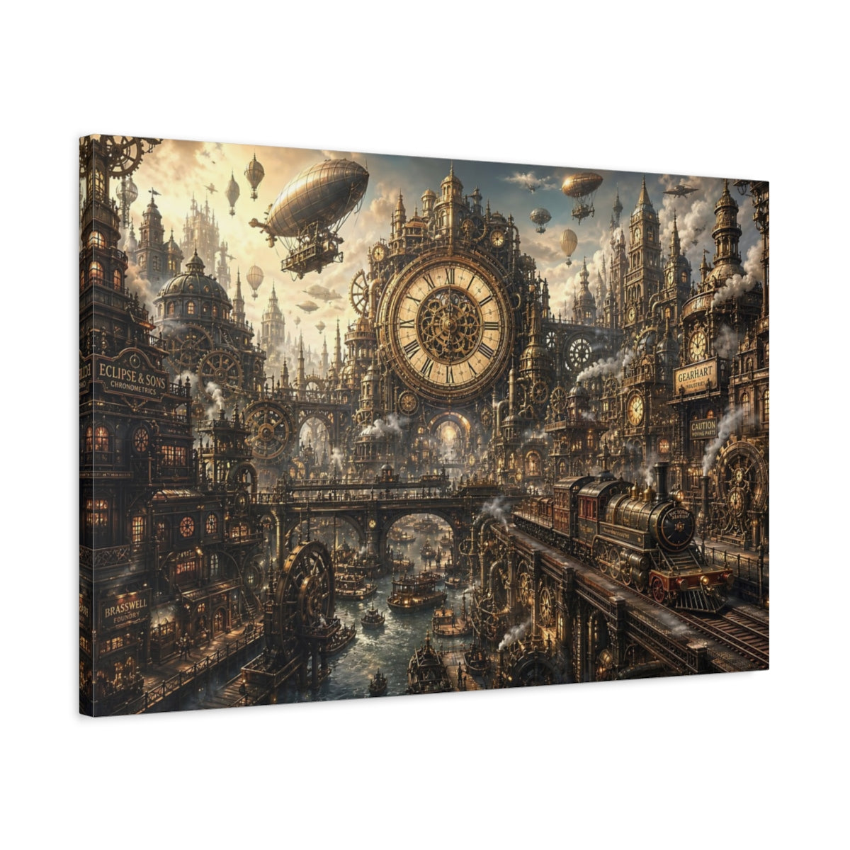 Side Mockup 2. Science Fiction Steampunk City Bronze Steampunk shown as stretched canvas wall art