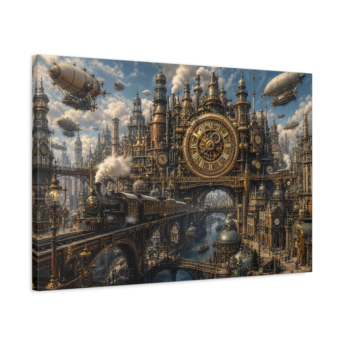 Side Mockup 2. Science Fiction Steampunk City Steampunk Bronze Gold shown as stretched canvas wall art