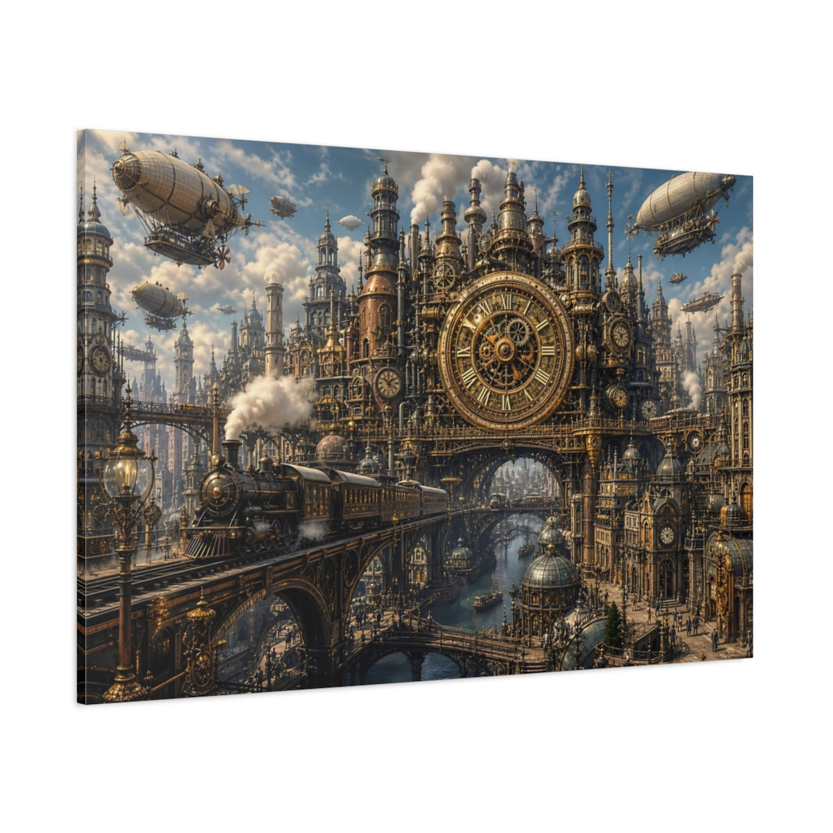 Side Mockup 1. Science Fiction Steampunk City Steampunk Bronze Gold shown as stretched canvas wall art