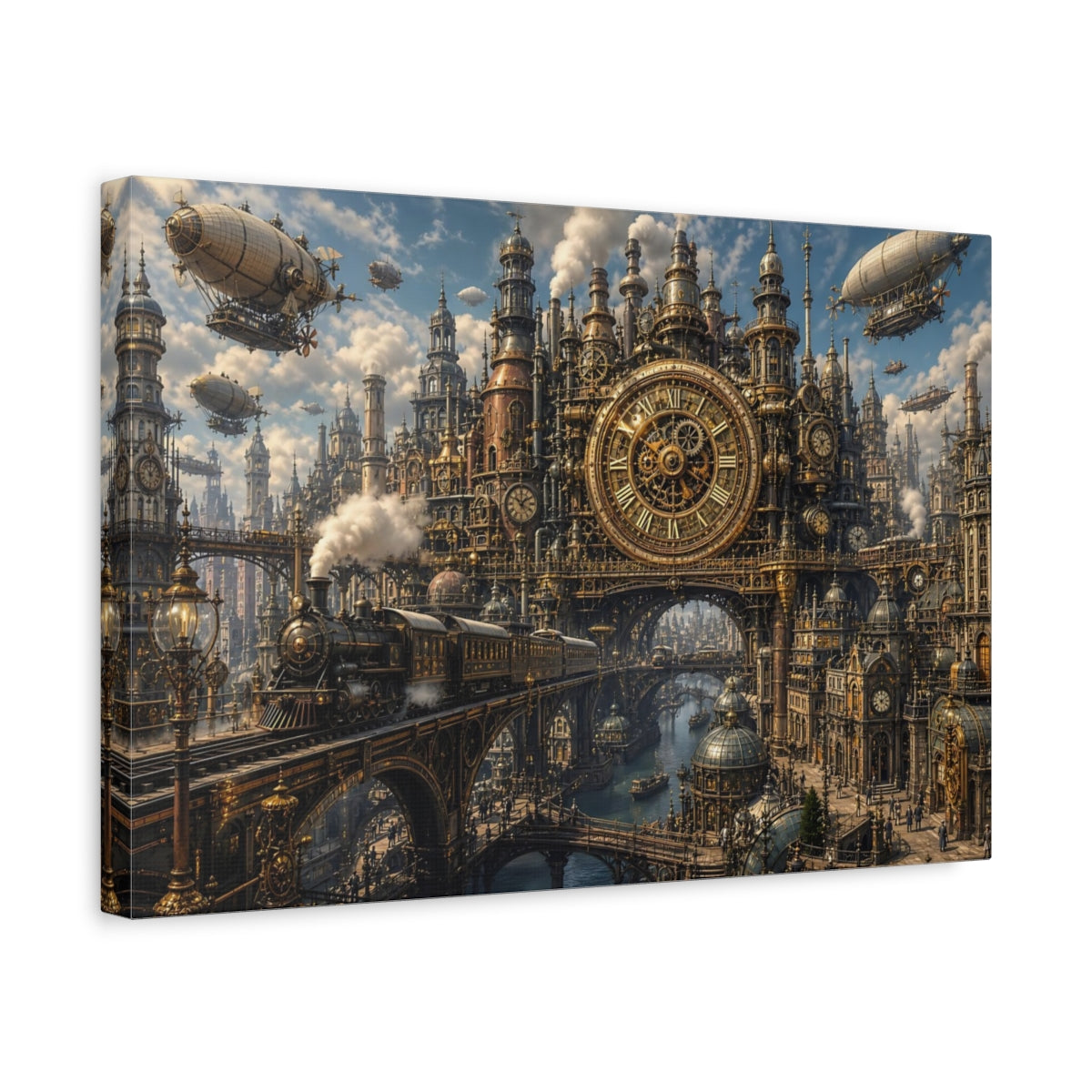 Side Mockup 4. Science Fiction Steampunk City Steampunk Bronze Gold shown as stretched canvas wall art