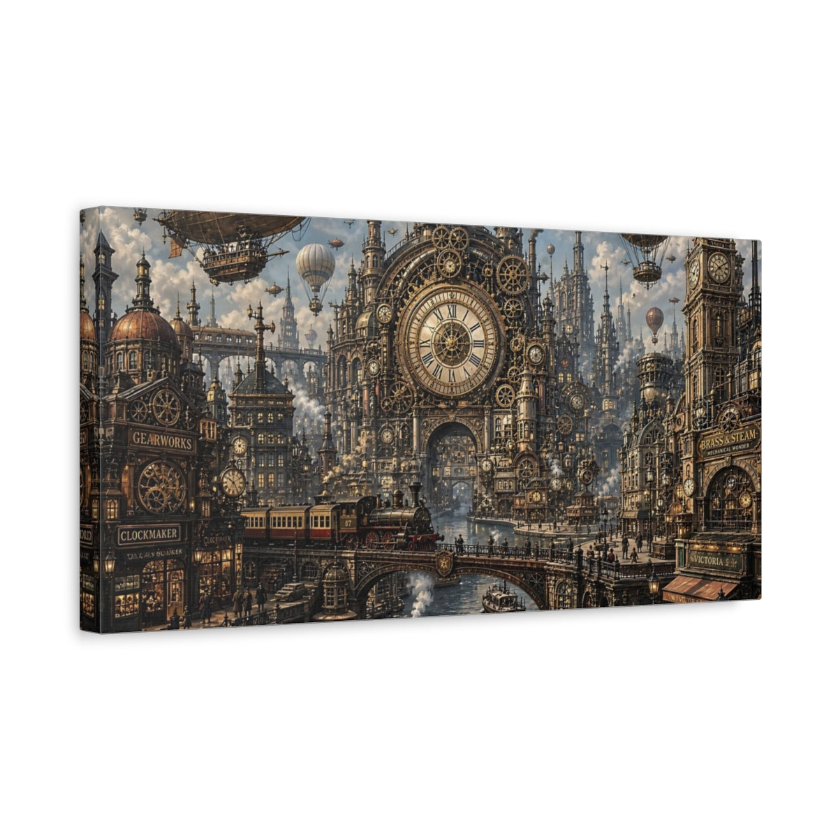 Side Mockup 3. Science Fiction Steampunk City Bronze Gold City shown as stretched canvas wall art