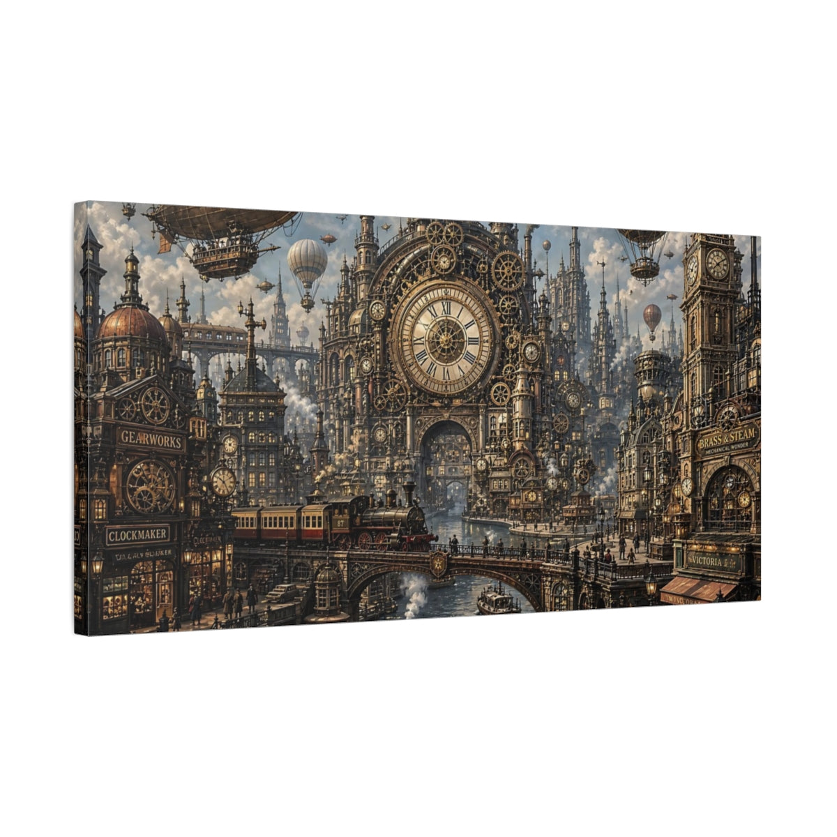 Side Mockup 1. Science Fiction Steampunk City Bronze Gold City shown as stretched canvas wall art