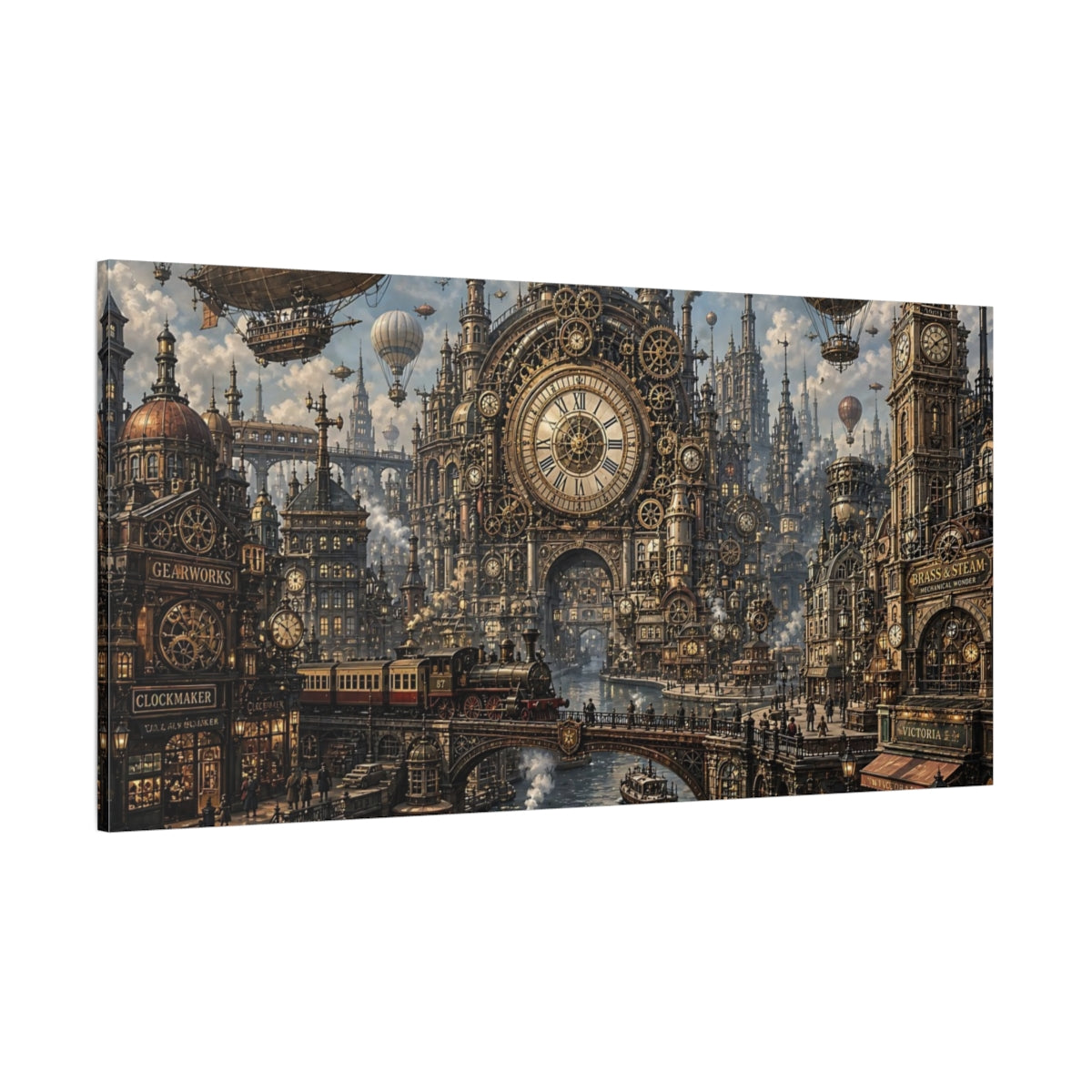 Side Mockup 2. Science Fiction Steampunk City Bronze Gold City shown as stretched canvas wall art