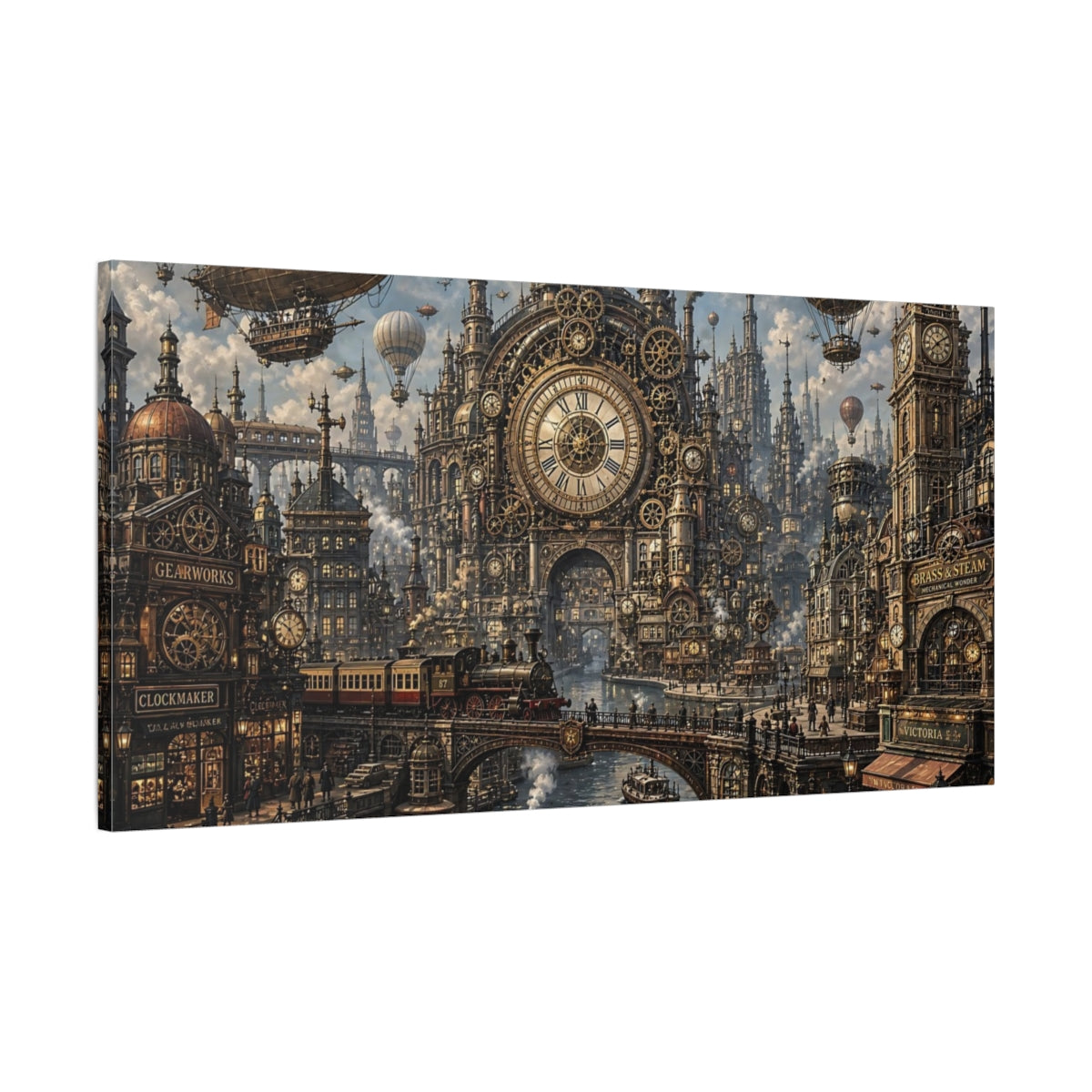 Main Mockup. Science Fiction Steampunk City Bronze Gold City shown as stretched canvas wall art