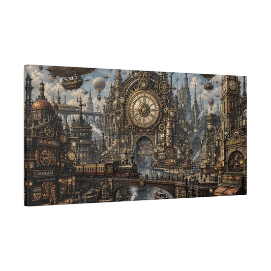 Main Mockup. Science Fiction Steampunk City Bronze Gold City shown as stretched canvas wall art