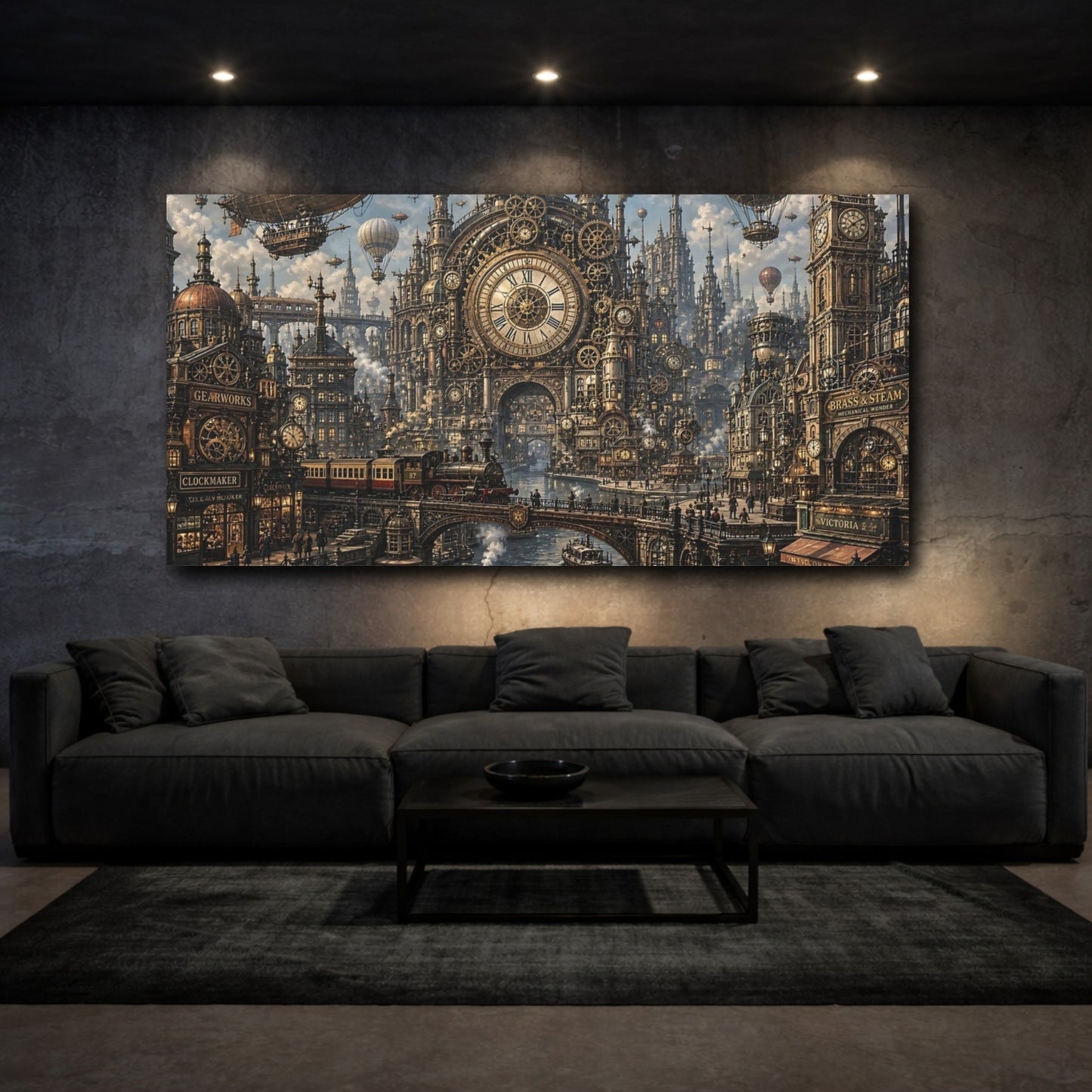 Mockup 2. Science Fiction Steampunk City Bronze Gold City shown as stretched canvas wall art