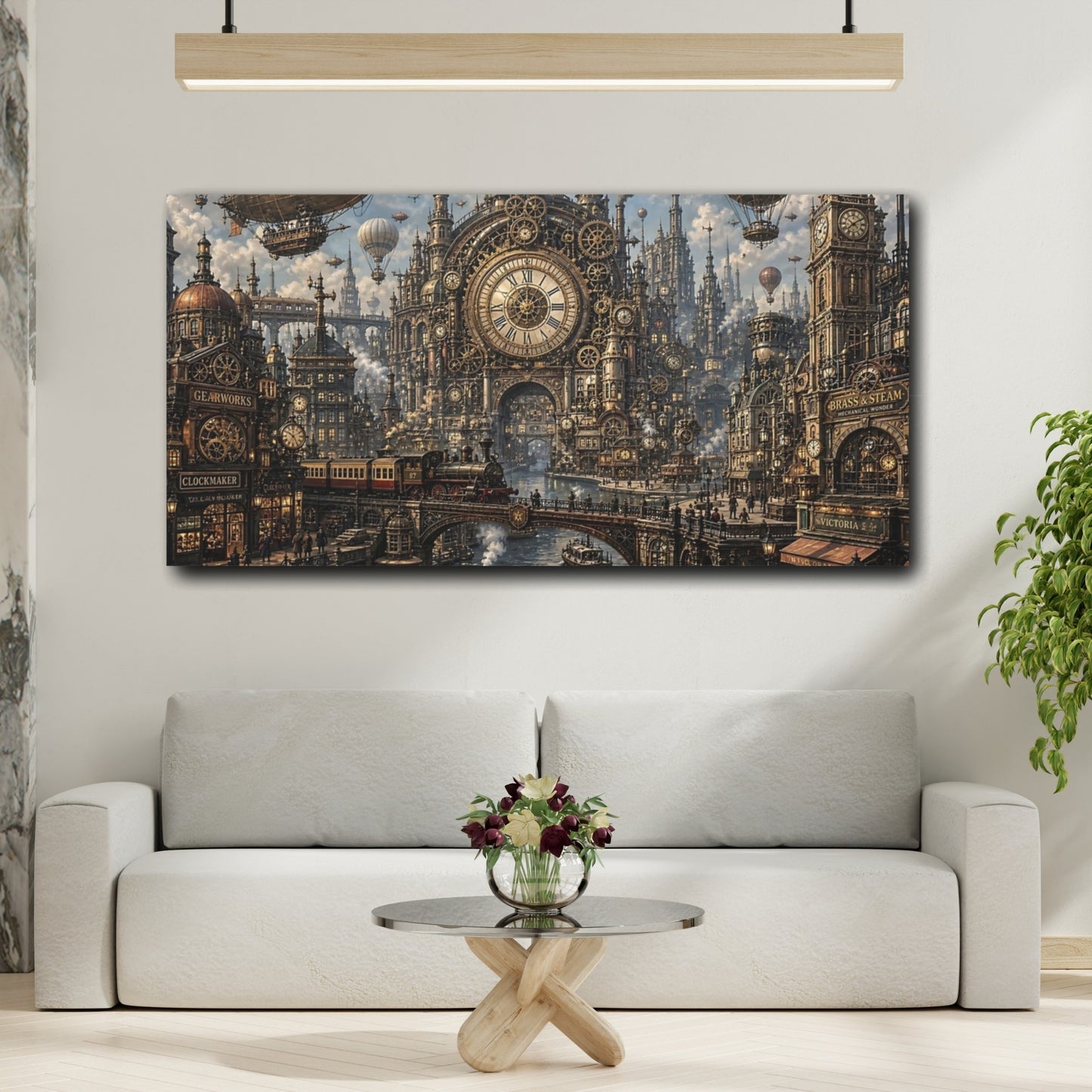 Mockup 3. Science Fiction Steampunk City Bronze Gold City shown as stretched canvas wall art