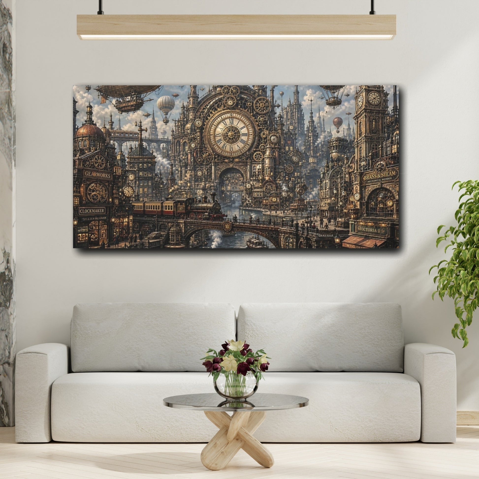 Mockup 3. Science Fiction Steampunk City Bronze Gold City shown as stretched canvas wall art
